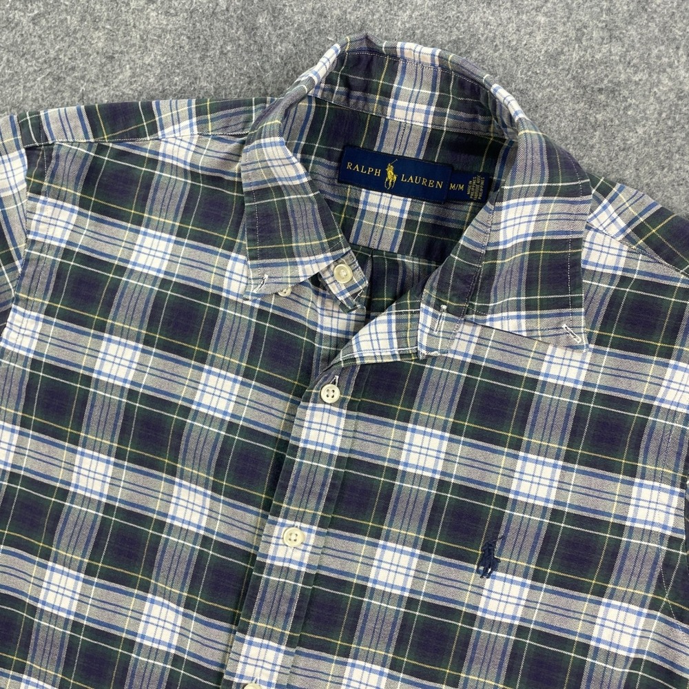 Ralph Lauren Mens Button Down Shirt Medium Navy Blue Green White Plaid Cotton